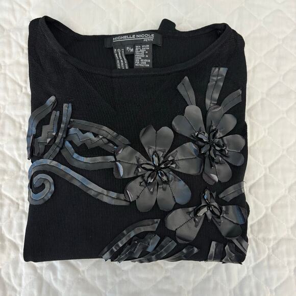 Y2K 90s Vintage Mesh Black Top 3D Floral Rhinestones Grunge Fairycore Sz S - Picture 7 of 7